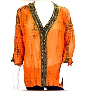  Michael Kors Sheer Embellished V Neck Tunic Top. Size XL 🤎